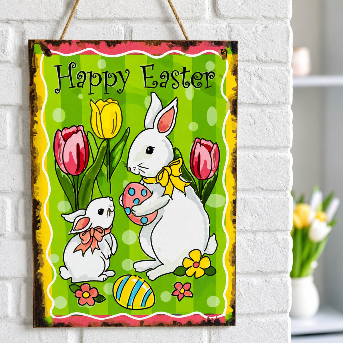 Easter Bunny Decorative Wall Sign Spring Egg Hunt Hanging Plaque with Flowers 10 Inches Tall