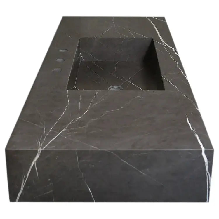 Honed Black Marble Wall Mount Rectangle Bathroom Sink 20 Inch