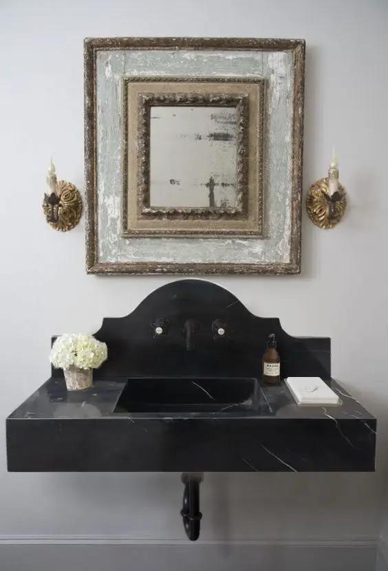Black Marble Wall Mount Bathroom Sink Polished Backsplash 15 X 33 Inch