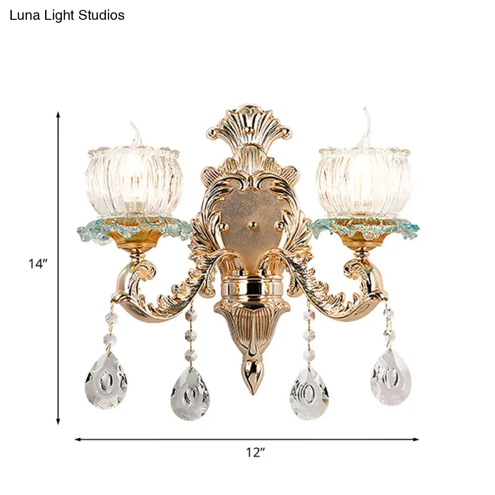 DecorBites™ Traditional 2-Light Crystal Wall Mount Lamp in Gold - Elegant Restaurant Wall Lighting