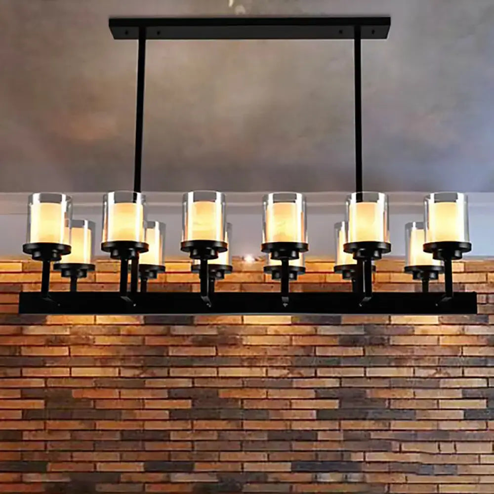 Traditional black cylinder dining room light with clear glass bulbs