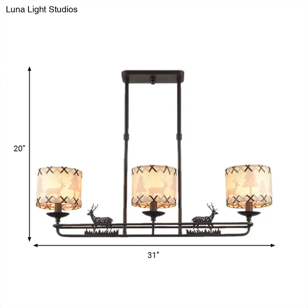 DecorBites™ Traditional Black Island Hanging Lamp with 3 Barrel Fabric Shades for Dining Room Lighting