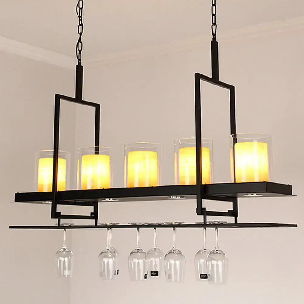 Traditional black marble pendant light with wine glass rack dining room
