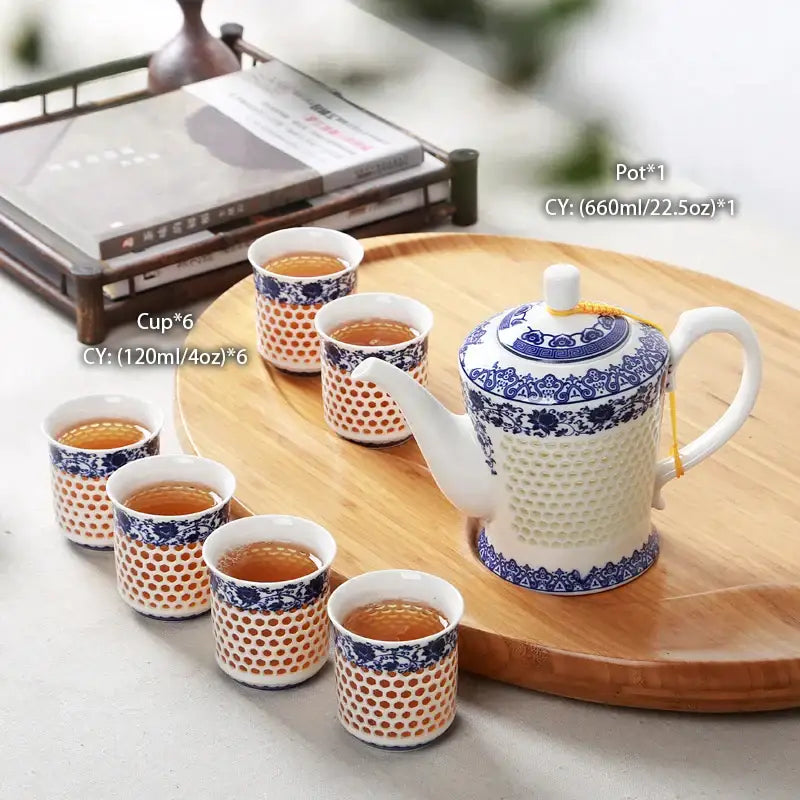 Traditional blue & white porcelain tea set dining room perforated body