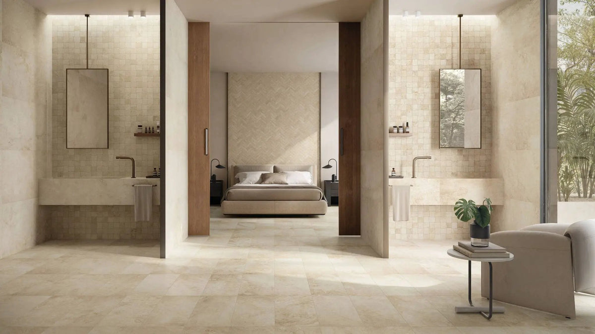 Trail Cross Cut Ivory Travertine Look Porcelain Tiles 12x24