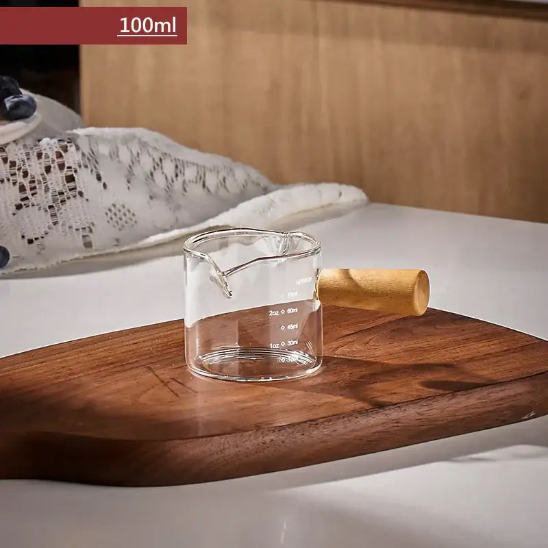 Transparent glass espresso measuring cup with wood handle kitchen cup
