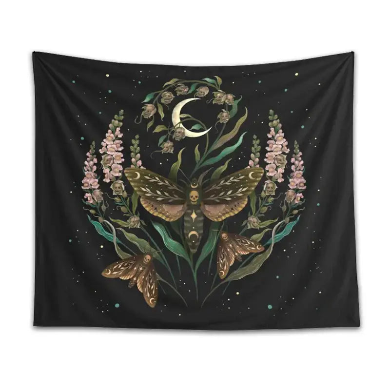 Trippy black death’s head tapestry moth and moon flower bedroom decor
