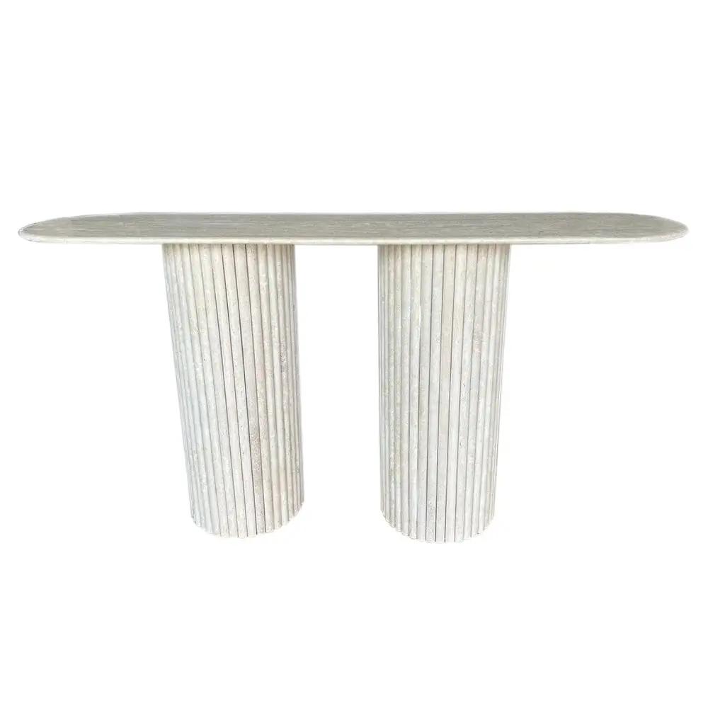 Light Travertine Designer Console Table with Fluted Legs 63 Inches Modern Minimalist