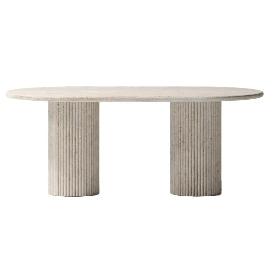 Travertine Oval Dining Table Light Stone Fluted Round Legs