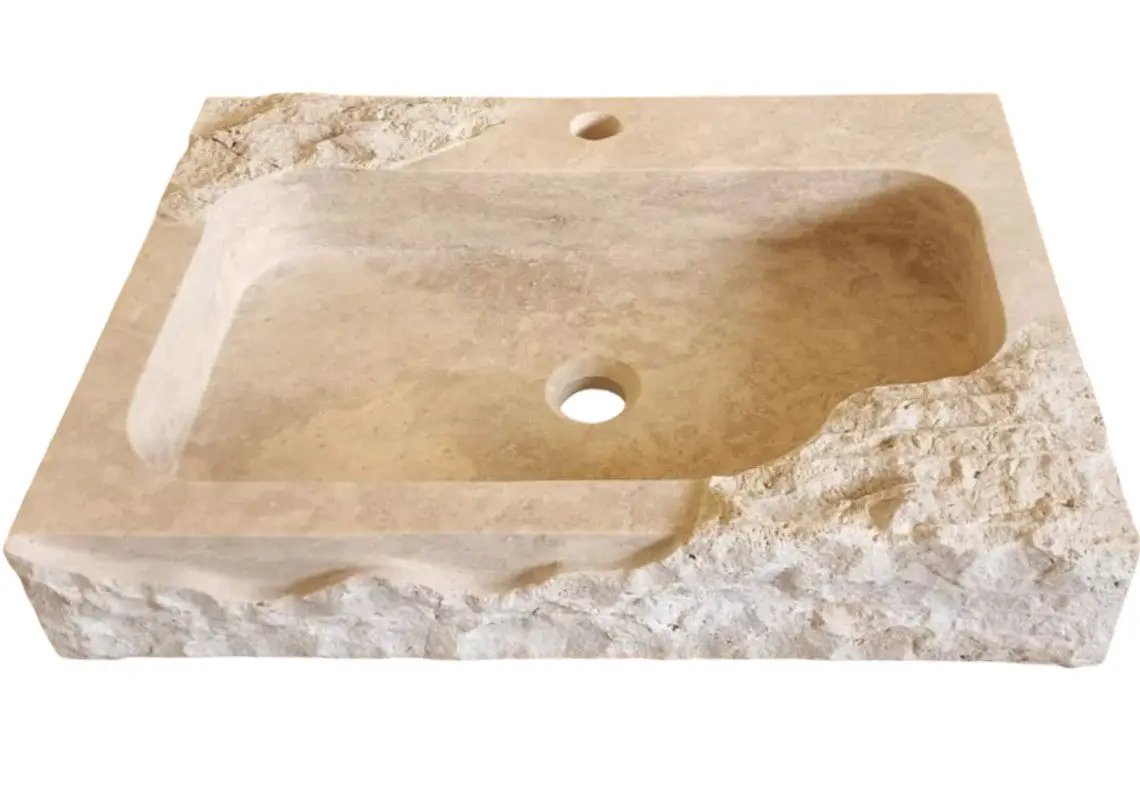 Light Beige Travertine Wall Mount Bathroom Sink Rectangular