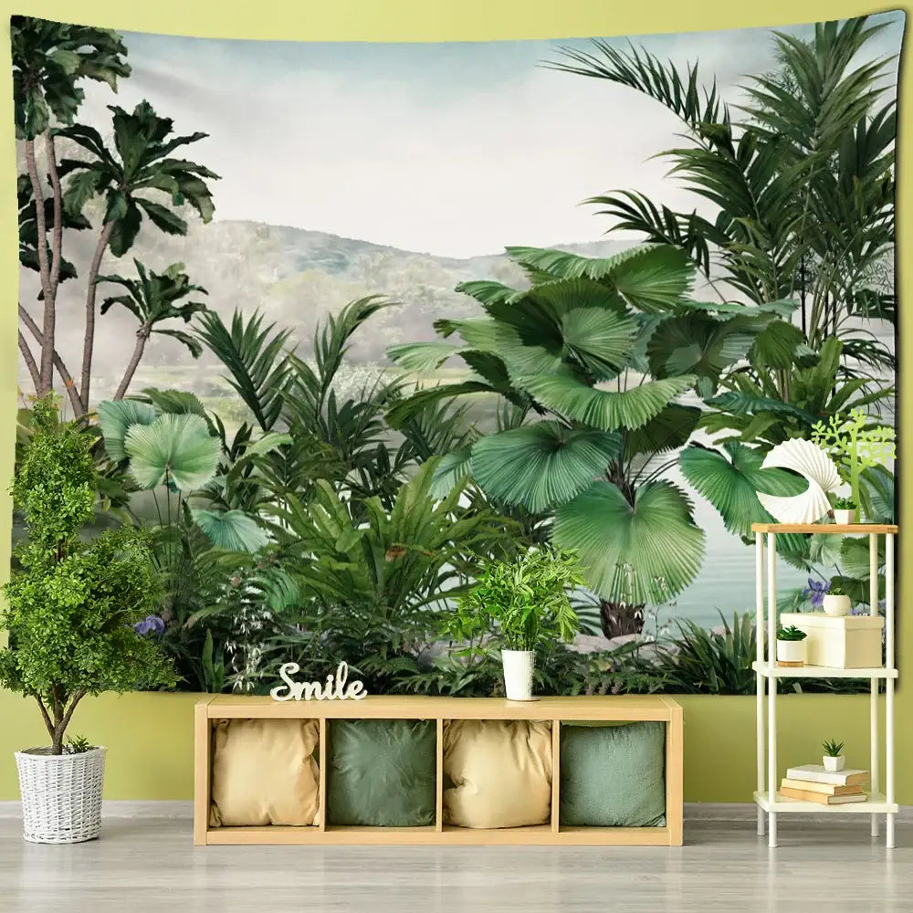 Tropical ethorn palm plant tapestry wall hanging living room decor