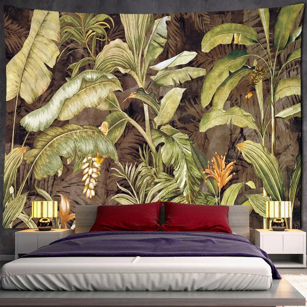 Tropical green & brown banana leaf tapestry wall hanging bedroom decor