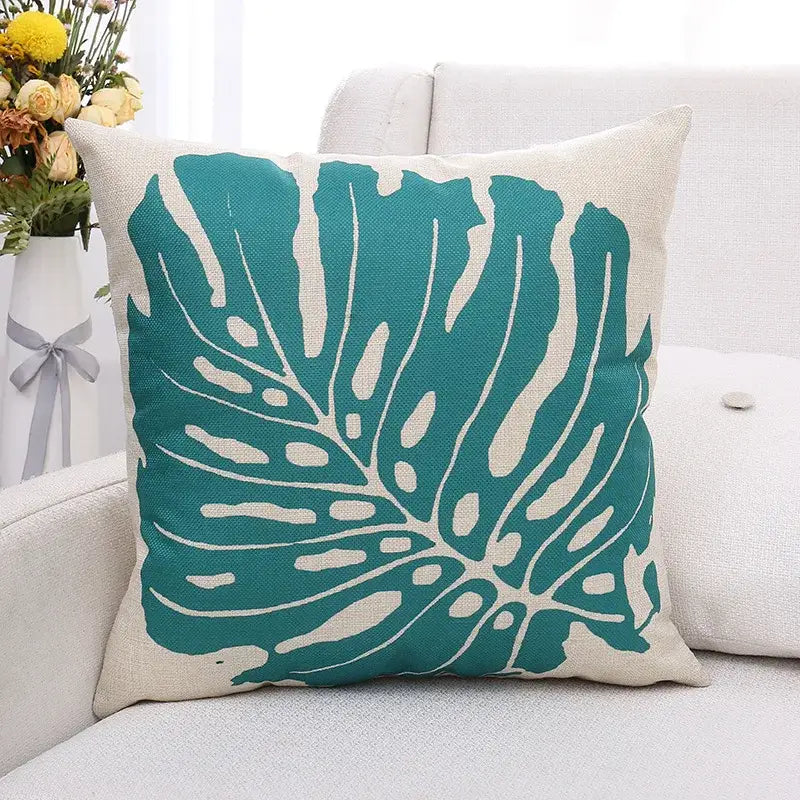 Tropical green plant leaves linen cushion cover living room pillow