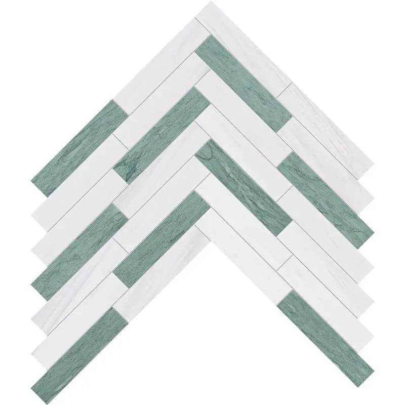 Verde, Bianco Dolomiti Honed Large Herringbone Marble Mosaics 12 7/8x8 9/16