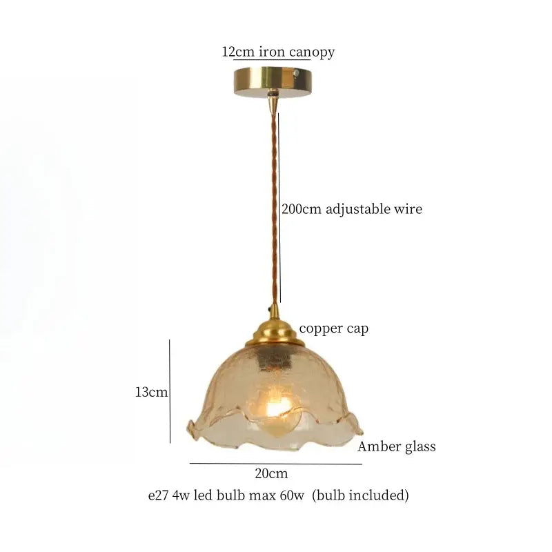 Vintage amber cracked glass led pendant lights kitchen brass accents