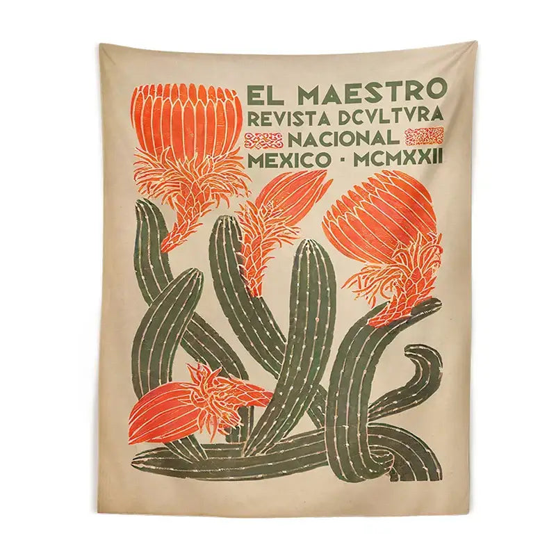 Vintage beige cactus tapestry wall hanging living room decor