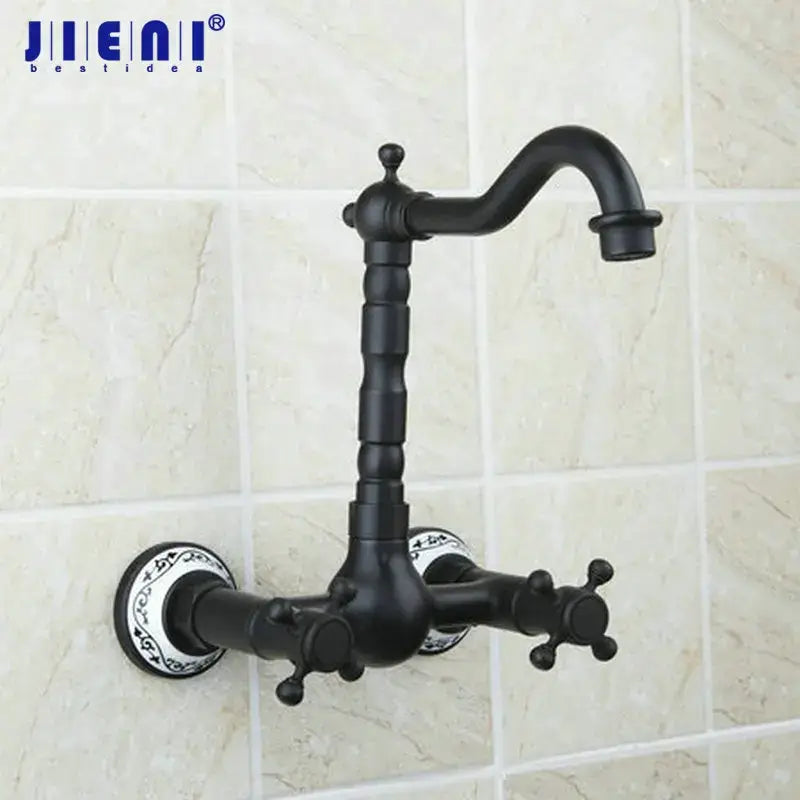 Vintage black swivel wall mounted bathroom faucet with ceramic base