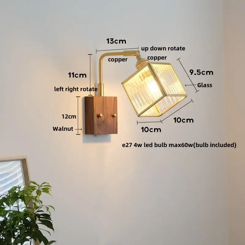 Vintage brass and walnut glass wall light with pull chain bedroom