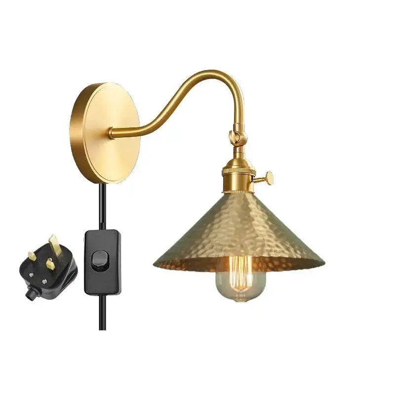 Vintage brass conical led copper wall lights for bedroom with pull chain