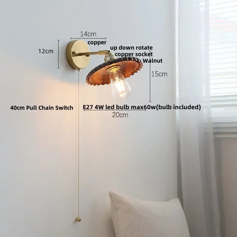 Vintage brass scalloped amber glass wall lamp bedroom light fixture