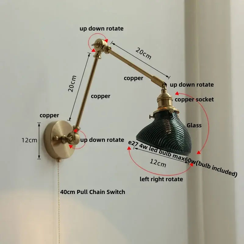 Vintage brass swing arm wall light fixture bedroom glass sconce