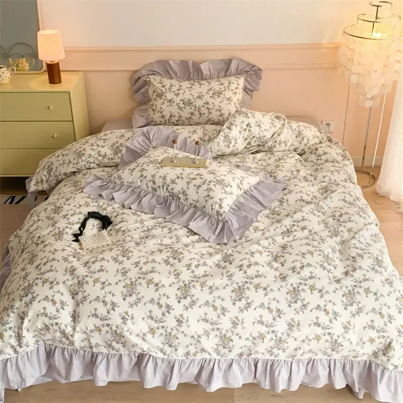 Vintage french floral cotton bedding set lavender bedroom ruffles