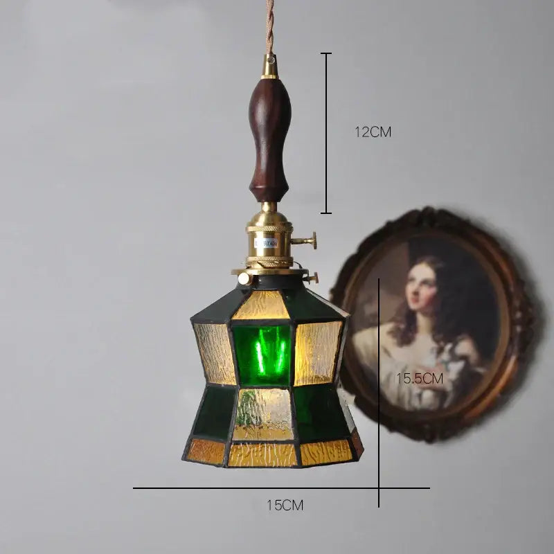 Vintage stained glass copper pendant light with wood knob switch kitchen