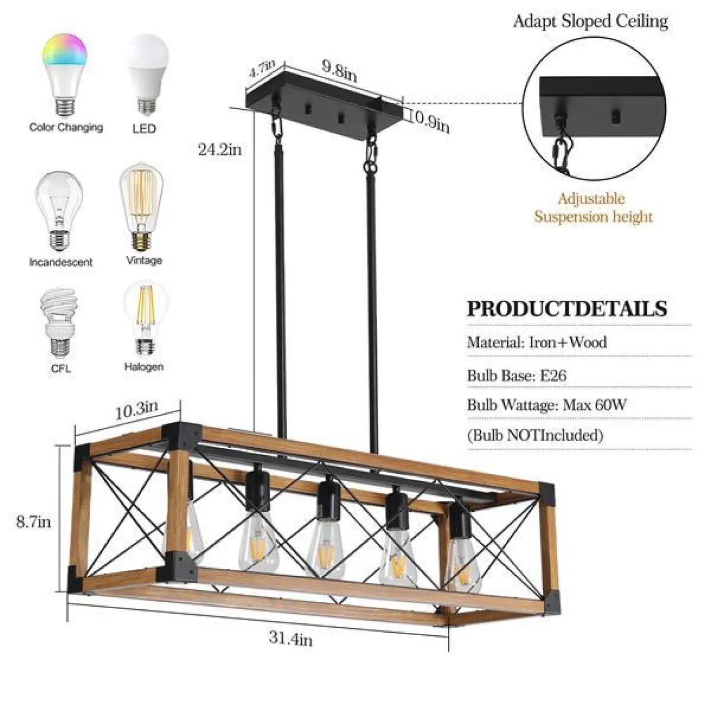 Vintage Wood Pendant Light – 5 Light Hanging Fixture