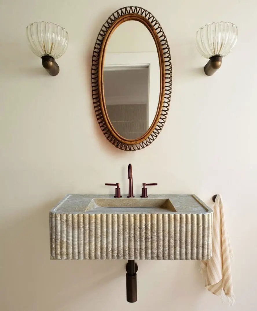 Beige Wall Mount Travertine Bathroom Sink 32 Inches By 16