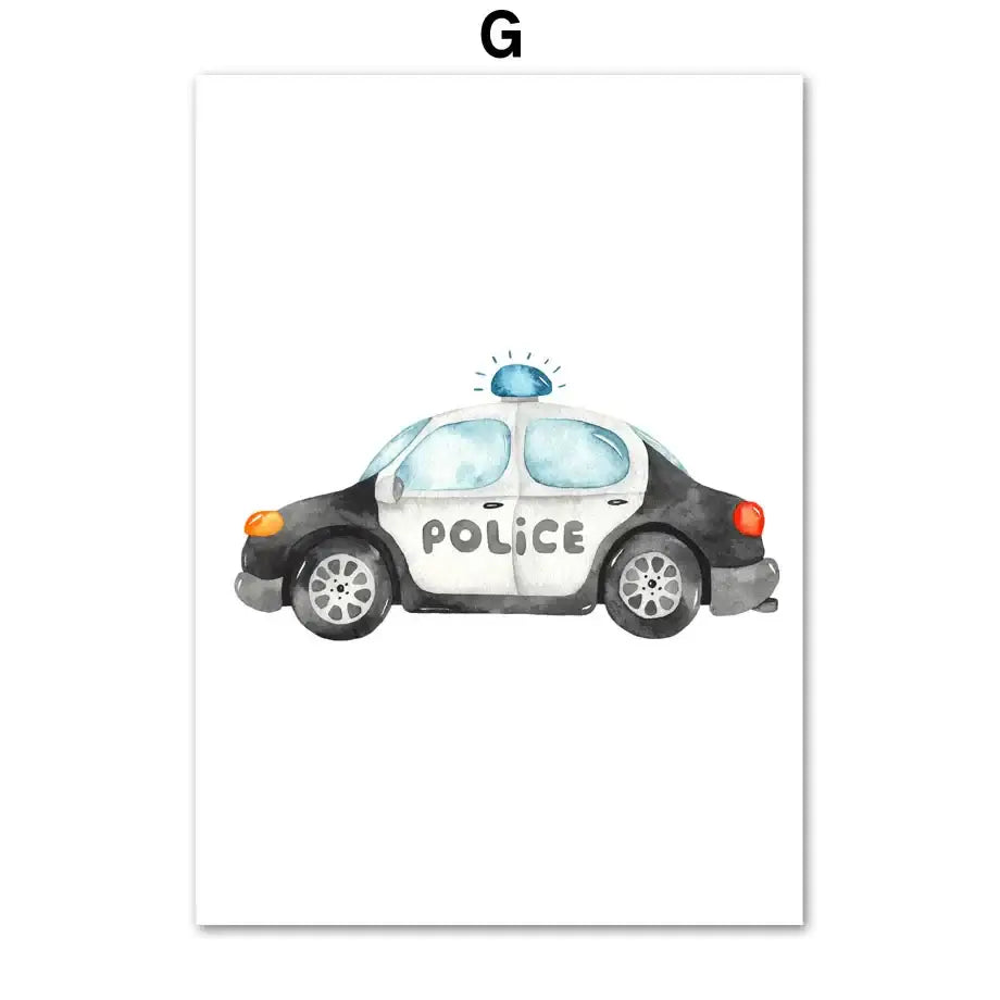 Watercolor emergency vehicle canvas print set nursery wall decor