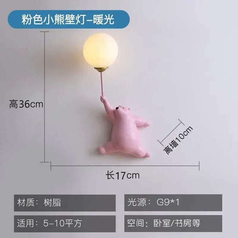 Whimsical pink blue and white bear kids wall lamp set for bedroom