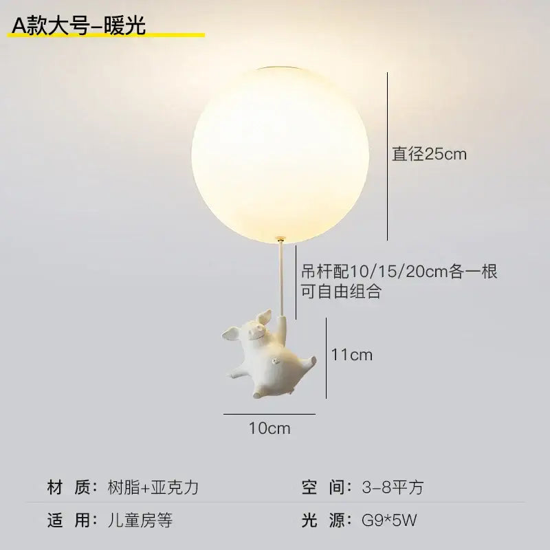 Whimsical white balloon flying pig resin led ceiling light bedroom