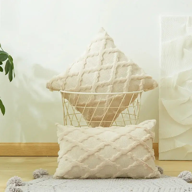 White embroidered diamond cushion cover for living room decor