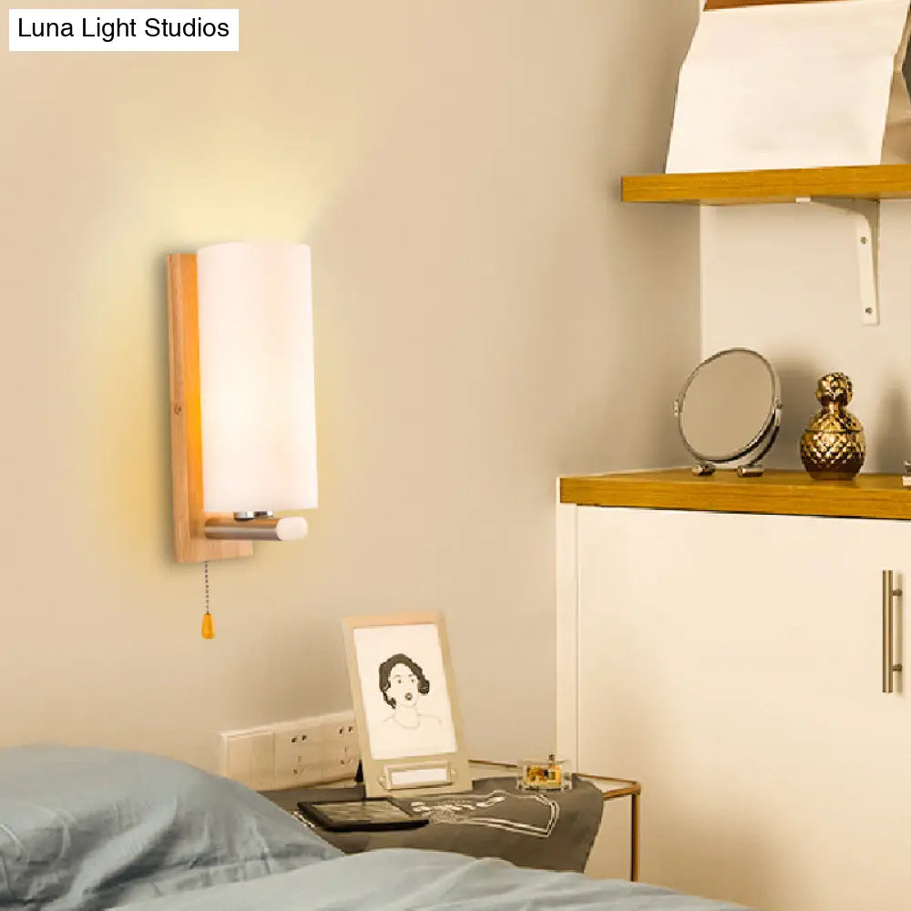 DecorBites™ White Glass Wall Sconce - Cylindrical Bedside Light with Pull Chain