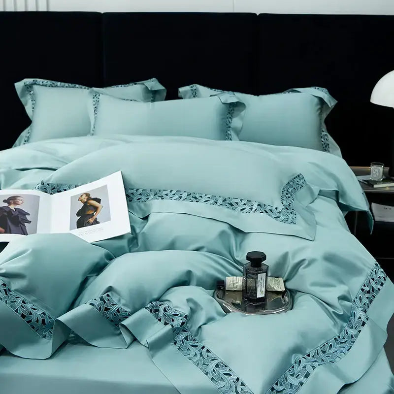 White satin lace 1200tc egyptian cotton bedding set bedroom