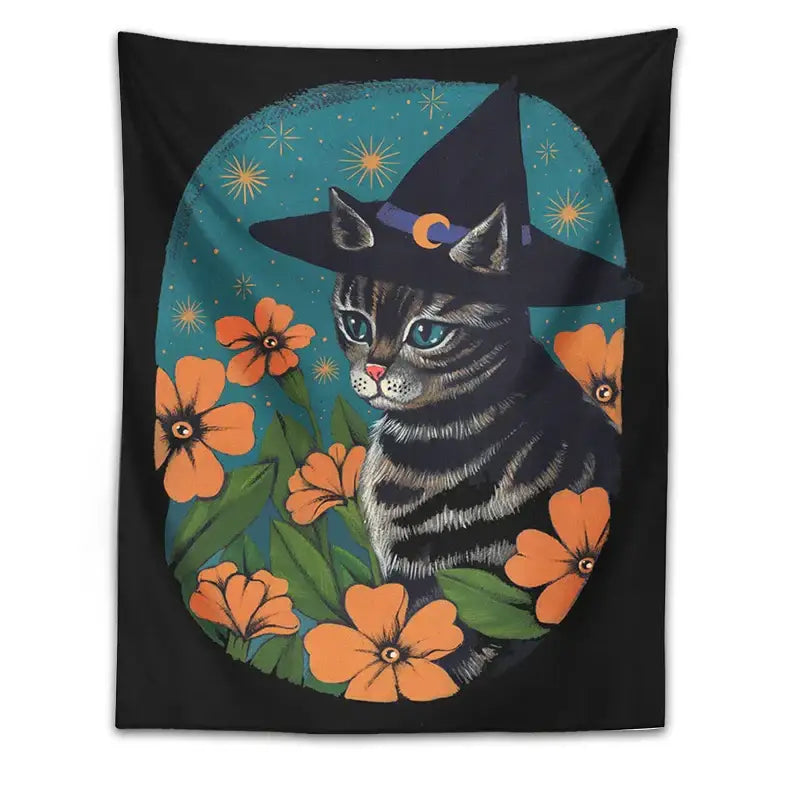 Witchcraft gray tabby cat tapestry wall hanging bedroom decor