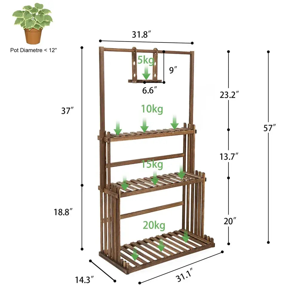 Rustic brown 3 tier wood plant stand living room hanging shelf