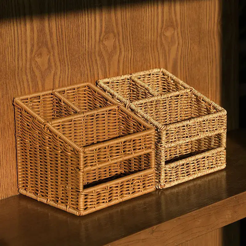 Woven tan desktop tissue box pen holder – living room organizer