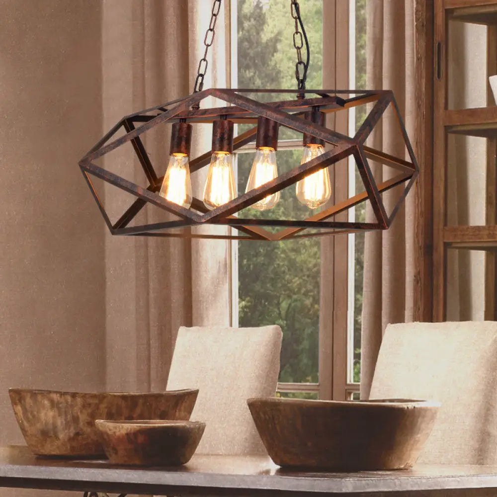 DecorBites™ Wrought Iron Geometric Island Pendant Light with Cage Shade - Antique Style and 4 Lights for Dining Room