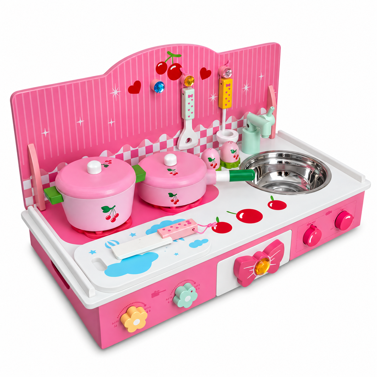 Wooden Pink Toy Kitchen Play Set 22 Inches