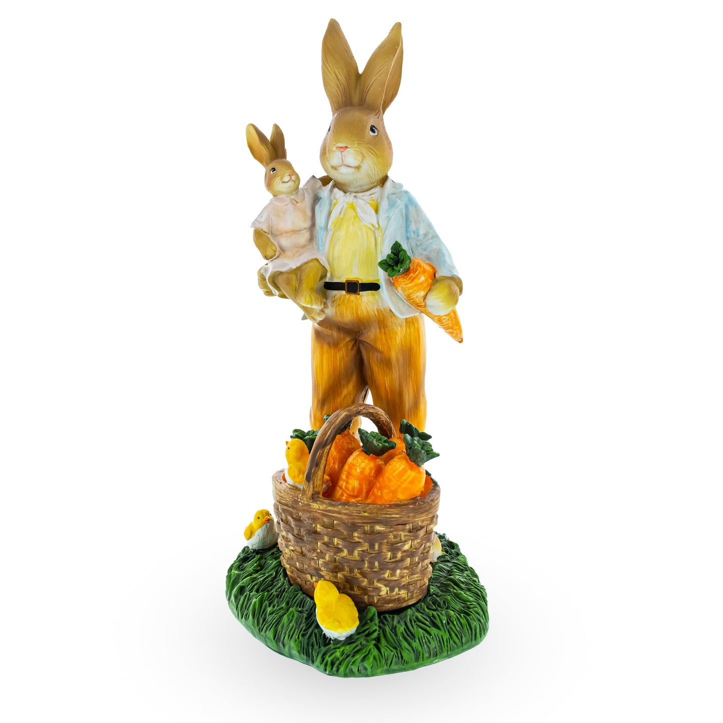 Father & Child Easter Bunny Figurine – Spring Rabbit Statue with Carrots and Chicks Spring Decor 11 Inches Tall