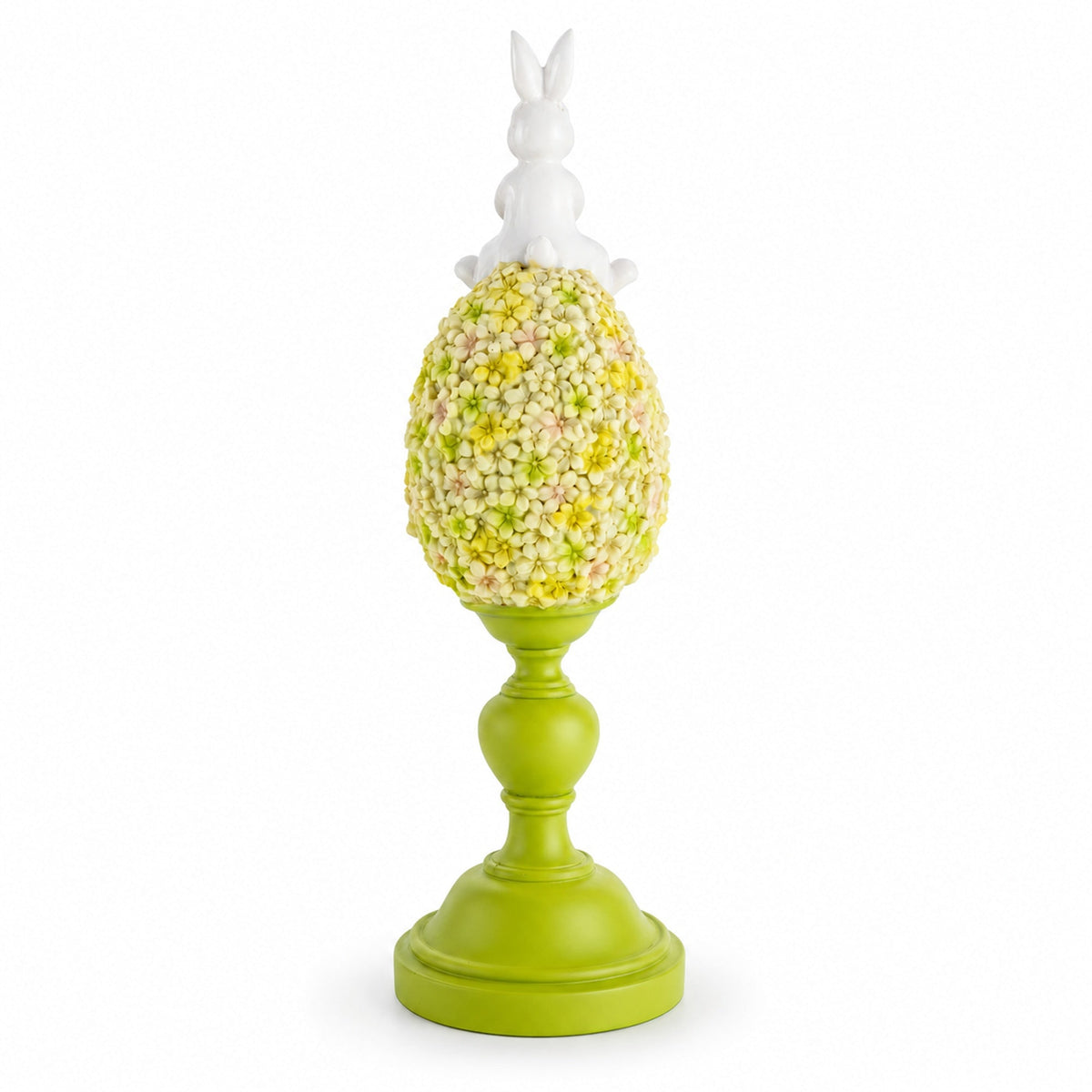 Spring Bunny Sitting on Textured Flower Easter Egg Display Stand 11.4 Inches Tall