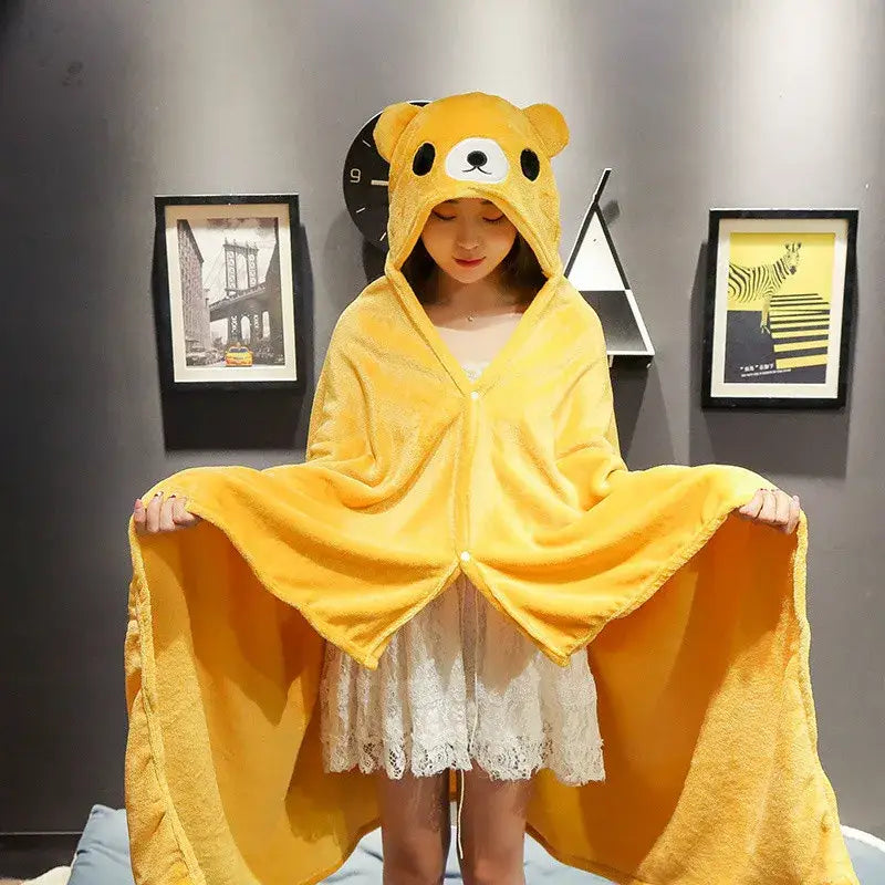 Yellow bear plush hooded cape blanket bedroom and office warmth