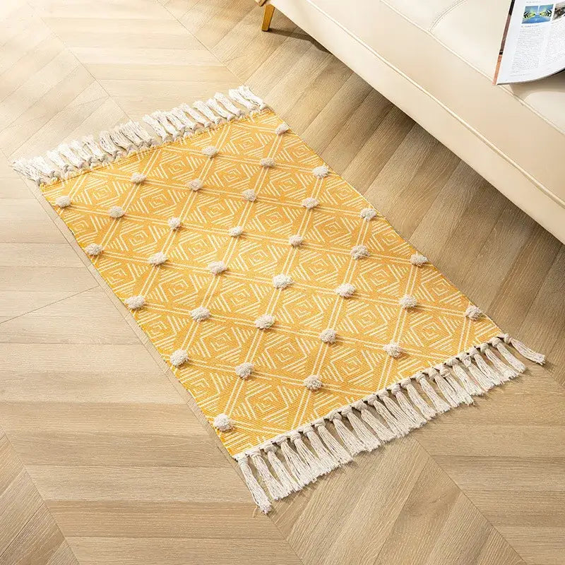 Yellow & green geometric tassel floor mat living room decor