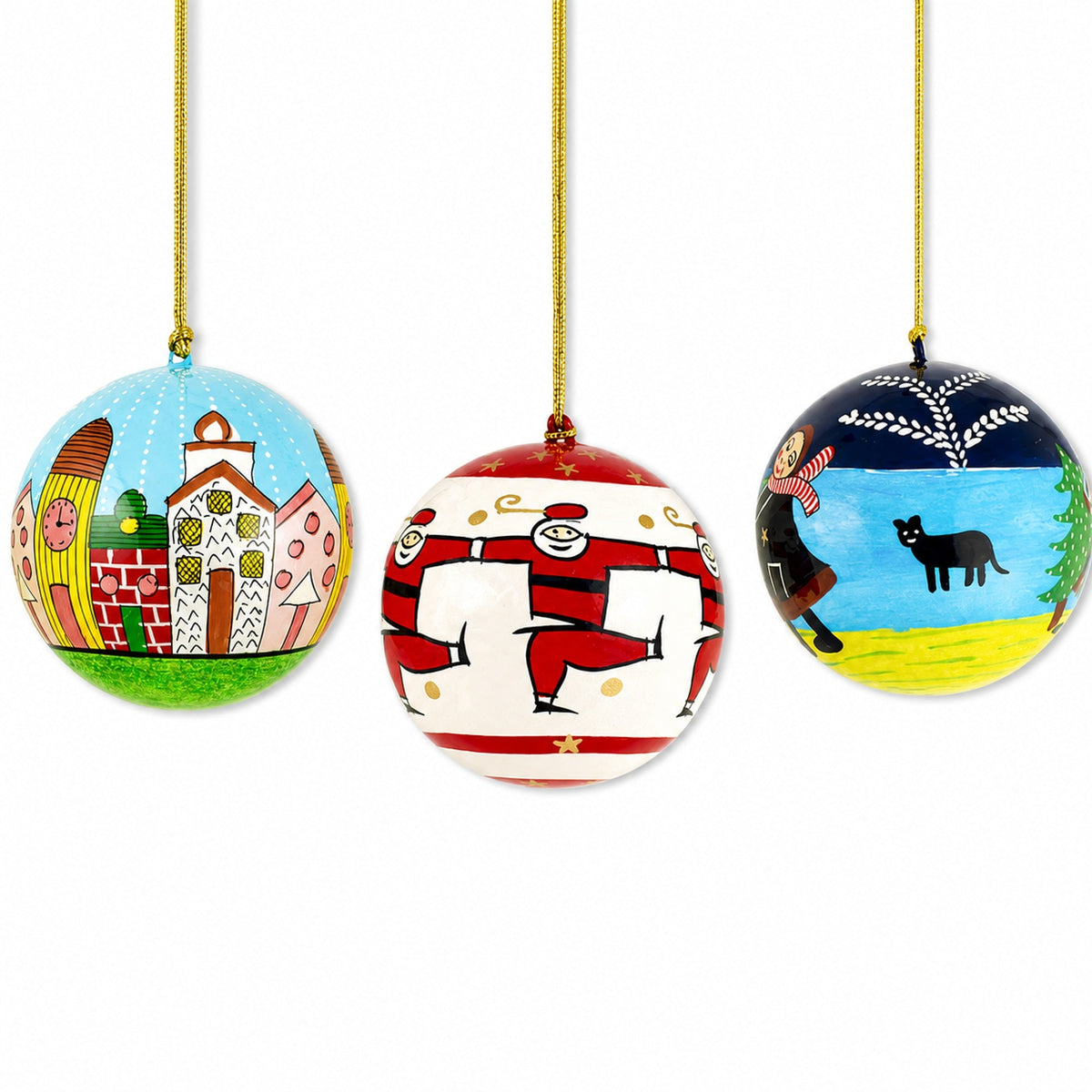 Set of 3 Santa Wooden Christmas Ball Ornaments