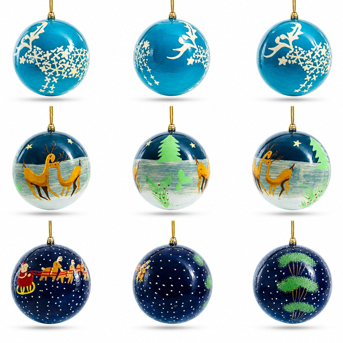 Set of 3 Night Sky Reindeer & Santa Sleigh Wooden Christmas Ball Ornaments
