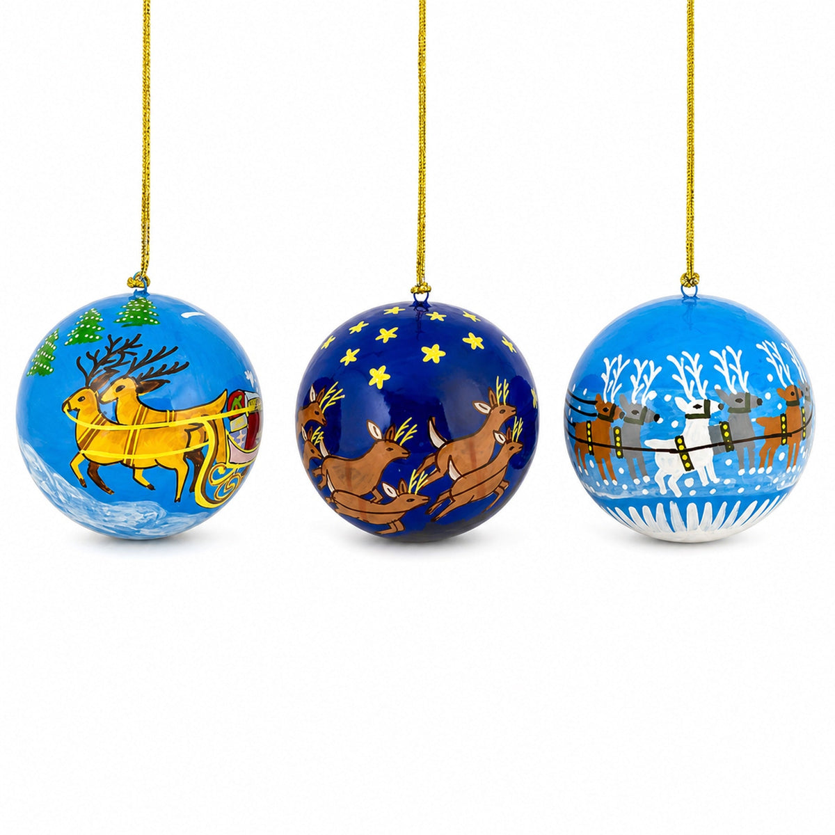 Set of 3 Santa Sleigh Reindeer Wooden Christmas Ball Ornaments