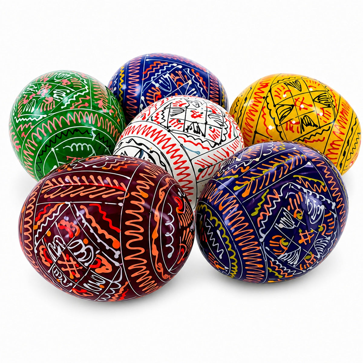 6 Hand Painted Geometric Ukrainian Wooden Easter Eggs Pysanky