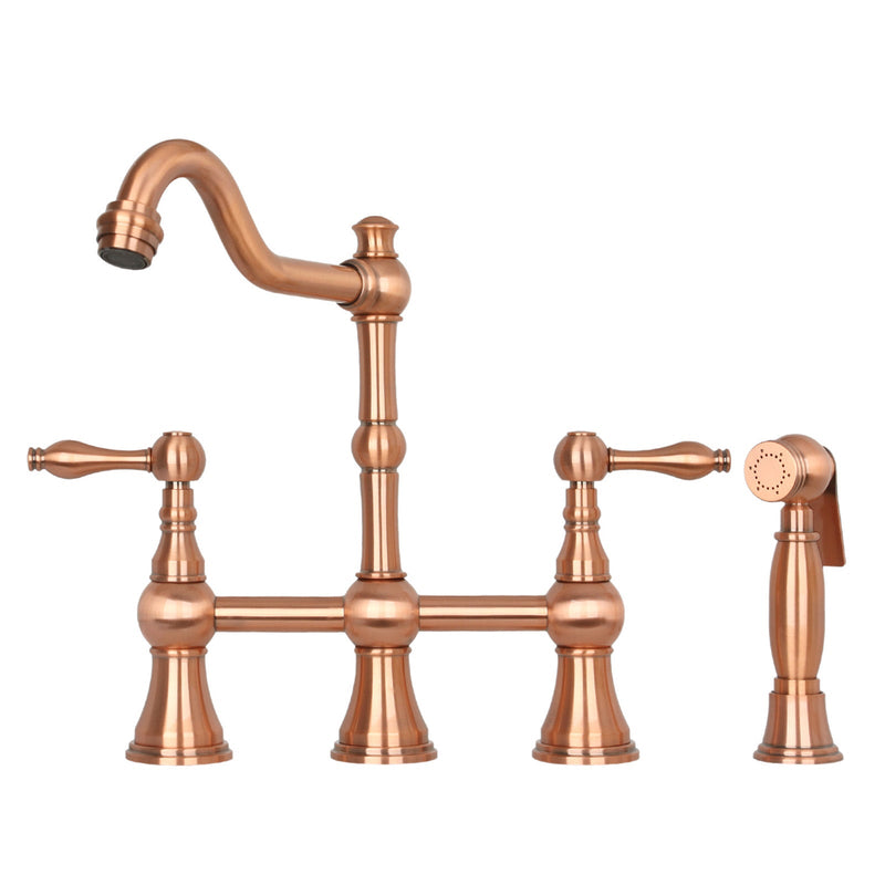 Two-Handles Copper Bridge Kitchen Faucet with Side Sprayer