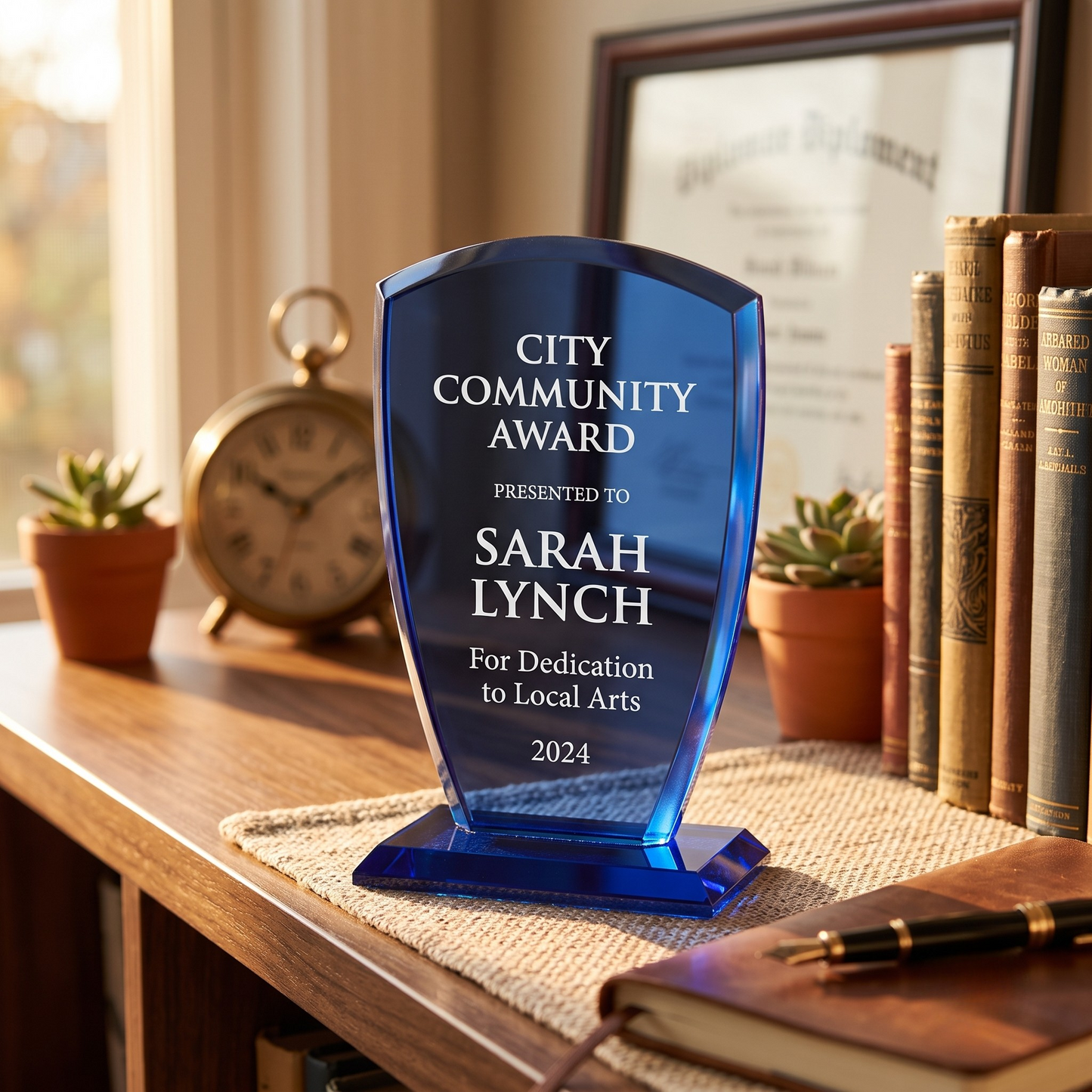 Large Cobalt Shield Trophy, 8.5"